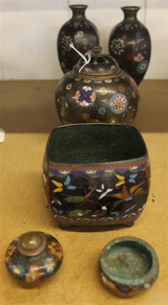 Six Japanese cloisonne enamel vessels, early 20th century, height 2cm - 15cm